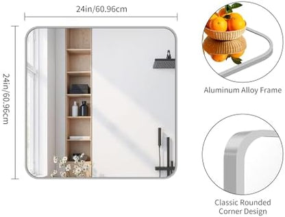 FORBATH Bathroom Mirror for Over Sink 24x24 Inch Silver, Square Wall Mirror with Metal Frame, Rounded Corners for Bathroom, Bedroom, Entryway Decor (Horizontal or Vertical)