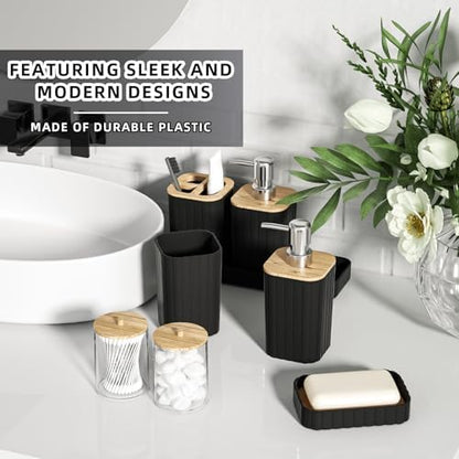 XLHOMO Bathroom Accessories Set - Elegant Black Bathroom Set, 10PC Bathroom Accessory Set, Toilet Brush, Trash Can, Qtip Holder Dispenser & Soap Dispenser