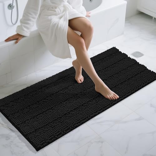 Yimobra Bathroom Runner Rugs 60"x24", Non Slip and Absorbent Bath Mat, Super Soft Water Absorbent Hallway Carpet, Machine Washable Rug for Vanity Tub Shower, Black