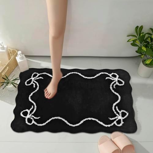 Mocsicka Black Bow Bath Mat Cute Bow Bathroom Rug Super Soft Absorbent Bathroom Rugs Non Slip Bath Mat Machine Washable Rug for Bathrooms 20x32 inches (Black, 50x80cm)
