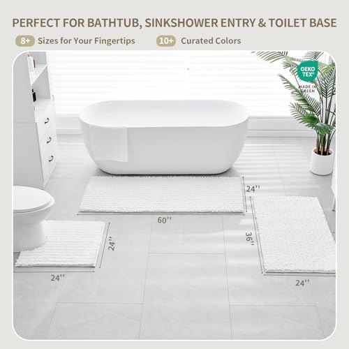 Bathroom Rugs Non Slip Washable 60x24, Extra Thick Soft Chenille Absorbent Bath Mat, High Density Barrier Non Slip Backing, Quick Dry Plush Shaggy Floor Carpet for Tub&Shower, White