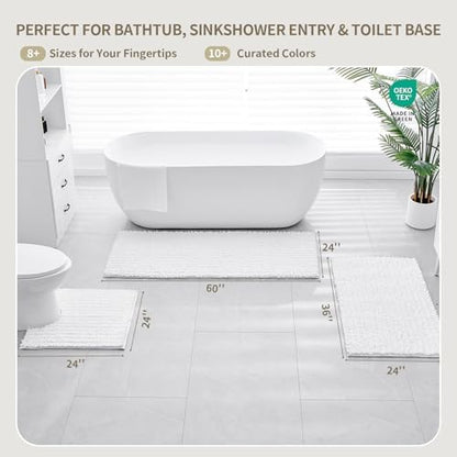 Bathroom Rugs Non Slip Washable 60x24, Extra Thick Soft Chenille Absorbent Bath Mat, High Density Barrier Non Slip Backing, Quick Dry Plush Shaggy Floor Carpet for Tub&Shower, White