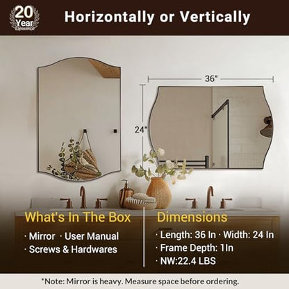 ANDY STAR 24"x36" Bronze Bathroom Mirror, Rectangle Scalloped Wall Mirror in Stainless Steel Metal Frame, Modern Brushed Bronze Finish with Curved Edge Design, Wall-Mount Vertically or Horizontally