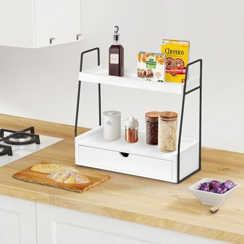 2-Tier Bathroom Countertop Organizer with Drawer, Wood Vanity Shelf White