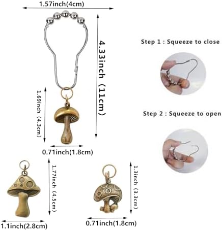Mushroom Shower Curtain Hooks, 12Pcs Rustproof Metal Cute Retro Mushroom Shower Curtain Hooks Rings for Boho Fairy Forest Country Cottagecore Style Home Bathroom Decor (Bronze)