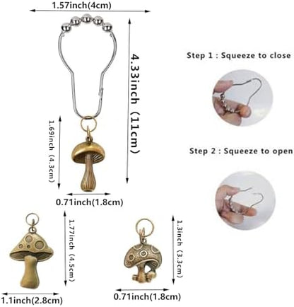Mushroom Shower Curtain Hooks, 12Pcs Rustproof Metal Cute Retro Mushroom Shower Curtain Hooks Rings for Boho Fairy Forest Country Cottagecore Style Home Bathroom Decor (Bronze)