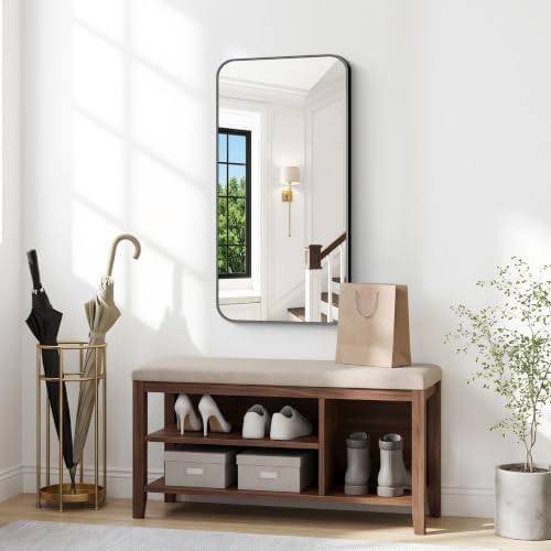 BONEWEI 20x36 inch Bathroom Mirror,Black Rectangle Mirror,Wall Mounted Bathroom Frame Vanity Mirror with Round Corner for Bedroom Living Room,Entryway Hangs Horizontal or Vertical