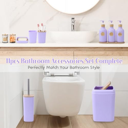 Light Purple Bathroom Accessories Set 17PCS Bathroom Set with Trash Can 3PCS Lotion Soap Dispenser, Toothbrush Holder, Soap Dish,Tumbler Cup,6PCS Wood Tags Bath Accessories with Tray for Bathroom