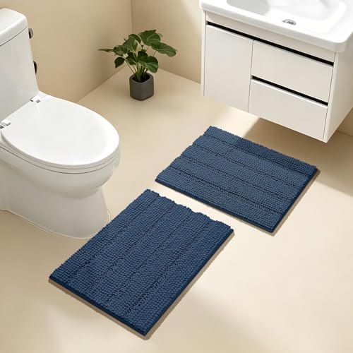 Bcoimo Bath Rug Mat Sets, 2 Piece High Absorbent Chenille Bathroom Mat Navy