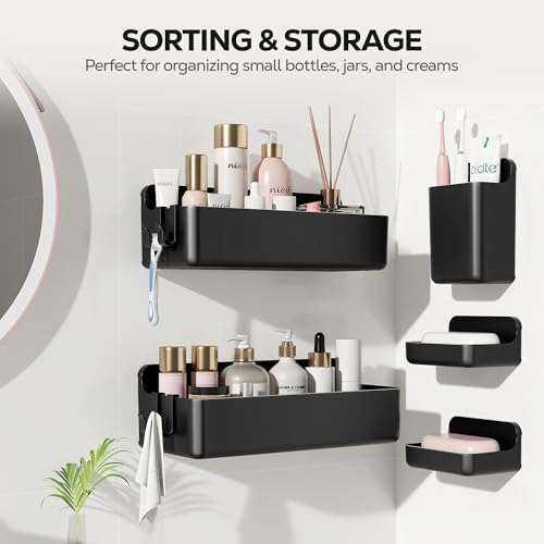 Nieifi Adhesive Shower Shelves, Black, 5 Pieces