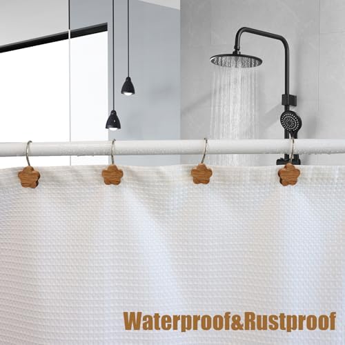 Shower Curtain Hooks, Wood Decorative Shower Curtain Rings, Modern Round Log Shower Curtain Hangers, 12PCS Shower Hooks for Shower Curtain Rod, Bedroom, Living Room (Flower-Black)