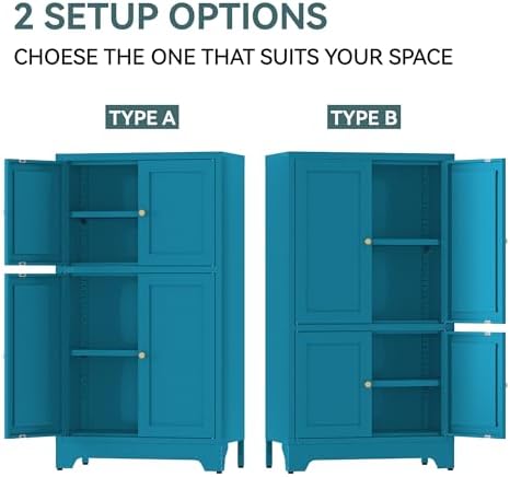 YAUWOH Blue Bathroom Floor Cabinet, Metal Storage Cabinet with 2 Adjustable Shelves & 4 Doors,Freestanding Sideboard for Dining Room,Living Room, Home Office