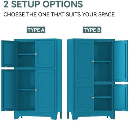 YAUWOH Blue Bathroom Floor Cabinet, Metal Storage Cabinet with 2 Adjustable Shelves & 4 Doors,Freestanding Sideboard for Dining Room,Living Room, Home Office