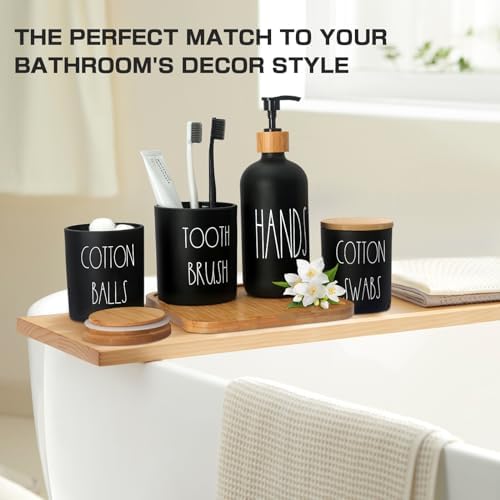 Matte Black Bathroom Accessories Set, 5 Pcs Glass Bathroom Accessory Set with Bamboo Tray, Soap Dispenser and Toothbrush Holder Set, Qtip Holder Set, Farmhouse Boho Bathroom Set Complete