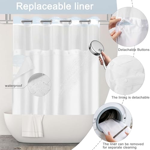 No Hook Shower Curtain with Liner, Light Blue Stripe, 71x74 Inch