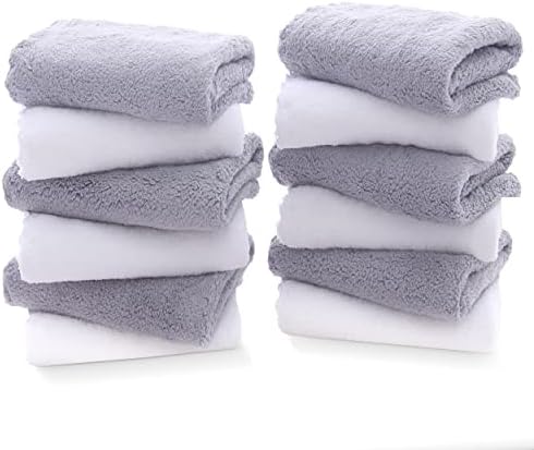 TENSTARS 12 Pack Premium Washcloths Set - Quick Drying- Soft Microfiber Coral Velvet Highly Absorbent Wash Clothes - Multipurpose Use as Bath, Spa, Facial, Fingertip Towel (Grey and White)