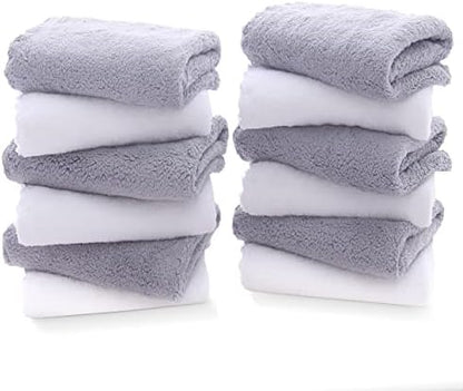 TENSTARS 12 Pack Premium Washcloths Set - Quick Drying- Soft Microfiber Coral Velvet Highly Absorbent Wash Clothes - Multipurpose Use as Bath, Spa, Facial, Fingertip Towel (Grey and White)