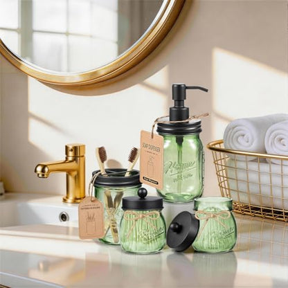 Amolliar 4PCS Bathroom Accessories Set, Green Glass Organizer Sets, Black