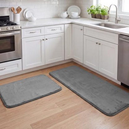 H.VERSAILTEX Kitchen Mat 2 PCS Non Slip Memory Foam Flannel Velvety Kitchen Runner Rug Set for Floor Standing Rugs (47" x 17" + 24" x 17", Grey)
