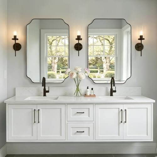 MIRRORART Black Bathroom Mirrors for Over Sink, 24x36 Scalloped Mirror for Bathroom, Notched Corner Rectangle Mirror in 1’’ Stainless Steel Metal Frame Home Remodel Wall Mount Vertical/Horizontal