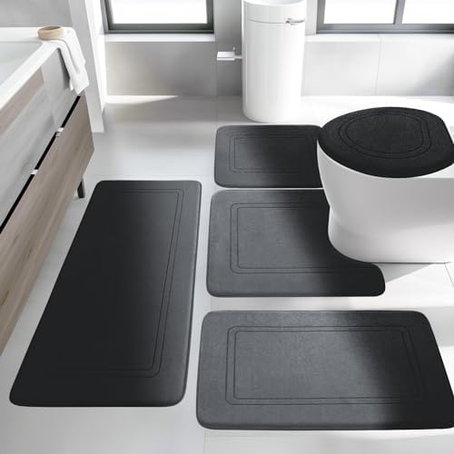 YIHOUSE Black Memory Foam Bath Mat Set, 5-Piece Non-Slip Absorbent Bath Rugs for Bathroom Floor, Quick-Dry Washable
