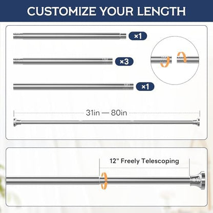 STARLATTA Shower Curtain Rod, 31-80 Inches Adjustable Tension Rod, 1-Inch Diameter Heavy Duty Rustproof Stainless Steel, No-Drill Spring Rod for Bathroom, Kitchen and Closet, Silver