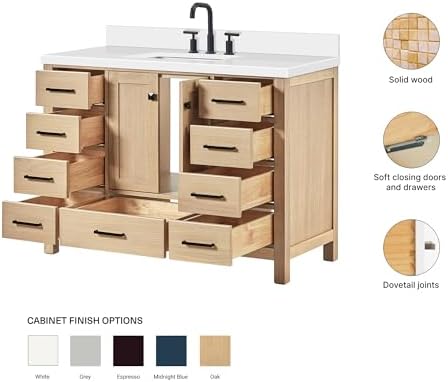 ARIEL Cambridge 48-inch Bathroom Vanity with Sink,Solid Wood, 1.5-inch Pure White Quartz Countertop, Single Rectangular Porcelain Sink, 2 Soft Closing Doors, 9 Dovetail Drawers, White Oak