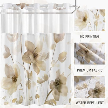 No Hook Shower Curtain and Liner Set, Yellow Boho Floral 71x74