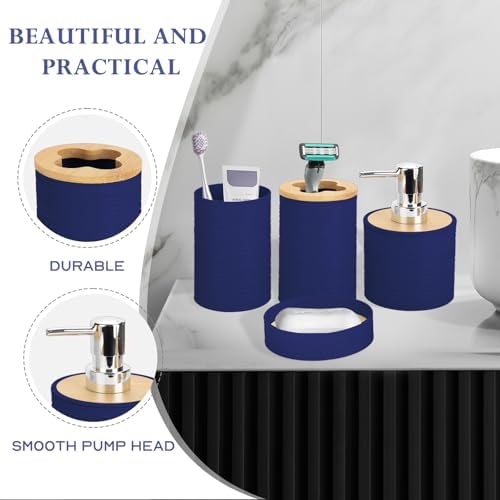 RRM 4 Piece Bamboo Bathroom Accessories Set, Boho Bathroom Decor, Navy Blue
