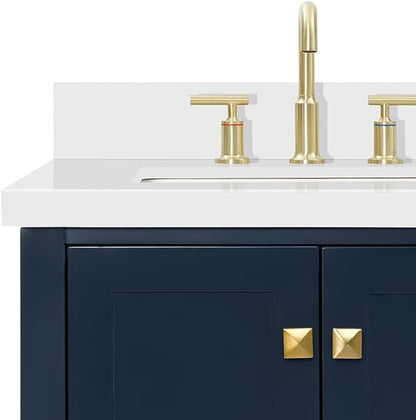 DKB Beckford 60-Inch Midnight Blue Double Bathroom Vanity, 1.5-Inch Edge Pure White Quartz Countertop & Splash, Rectangular Sinks, 4 Soft Closing Doors, 6 Full-Extension Dovetail Drawers, Satin Brass