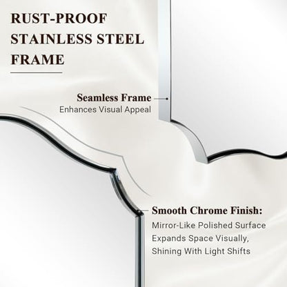 ANDY STAR Chrome Mirror 24x36, Polished Silver Bathroom Mirror, Modern Wavy Mirror with Sophisticated Curved Design, SUS304 Anti-Rust, 1’’ Deep Wall-Mounted Vertically/Horizontally