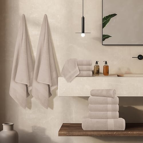 GLAMBURG Ultra Soft 24-Piece Towel Set - 100% Pure Ringspun Cotton, Contains 8 Oversized Bath Towels 27x54, 8 Hand Towels 16x28, 8 Wash Cloths 13x13 - Ideal for Everyday use, Hotel & Spa - Tan