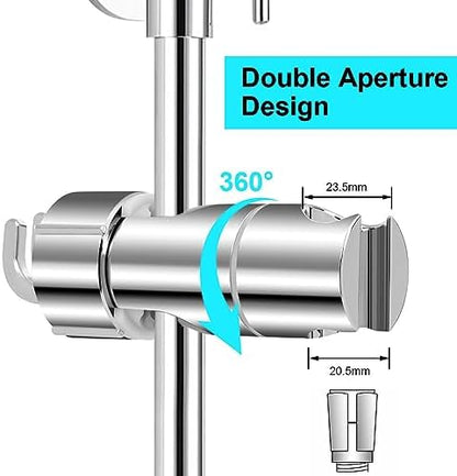 OSDUE Shower Head Holder, 16-27mm Slider Bar Adjustable Shower Head Holder for Slide Bar Slider Clamp Bathroom Replacement, 360 Degree Rotating Sprayer Holder with 2 Hooks, Chrome Finish - Silver