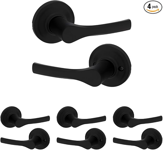 Kwikset Henley Interior Passage Door Handle, Lever for Closet and Hallway Doors, Reversible Non-Locking Handle Lever, Matte Black, with Microban Protection (Pack of 4)