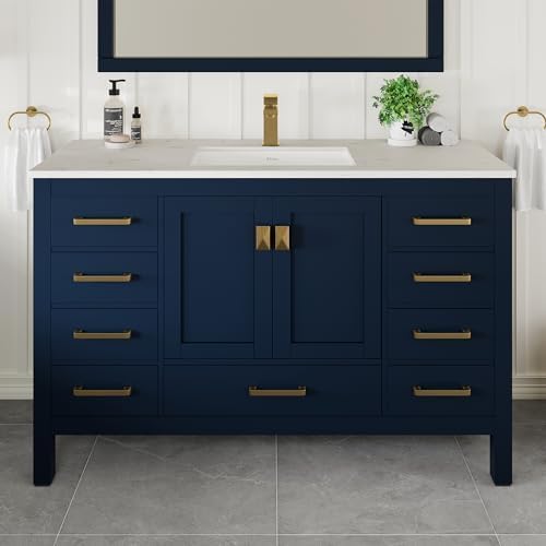 Eviva London 54 in Bathroom Vanities – 54 Inch Bathroom Vanity with Sink and Countertop, Gray Vanity Bathroom Sink Cabinet W/Quartz Countertop – Porcelain Single Sink Design for Modern Bathrooms