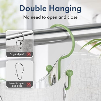 Bathway Shower Curtain Hooks Green Shower Curtain Rings, 12 Pcs Double Hook Shower Curtain Hooks Rings Shower Curtain Hangers Rust Proof, Metal Shower Hooks for Bathroom Shower Curtain Rod