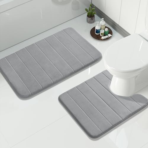 Yimobra Memory Foam Bathroom Mat Set, 31.5 x 20 & 24 x 20 in, Gray