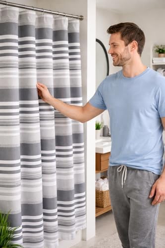 Serafina Home Charcoal Grey & White Modern Cotton Fabric Shower Curtain,