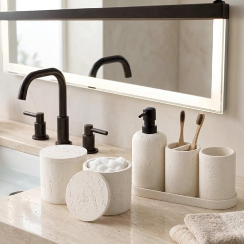 Bathroom Accessories Set,4 PCS Travertine Stone Look Collection,Cream