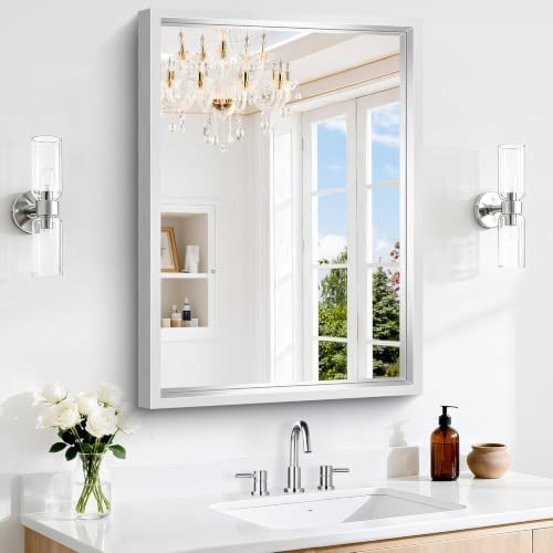 22 x 30 inch Brushed Silver Bathroom Mirror, Metal Framed Rectangle Mirror, 0.6" Thickened Deep Frame Mirrors for Living Room Bedroom Entryway, Tempered Glass, Antirust, Horizontal or Vertical