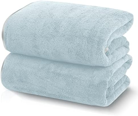 TENSTARS Silk Hemming Bath Towels for Bathroom Clearance - 27 x 55 inches - Light Thin Quick Drying - Soft Microfiber Absorbent Towel for Bath Fitness, Sports, Yoga, Travel, Gym - 2 Pack, Light Teal