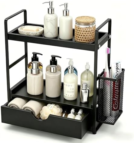 LEMIKKLE Bathroom Counter Organizer with Basket, Bathroom Organizers and Storage,Skincare Organizers for Vanity,Storage Organizers for Bathroom, Kitchen, Dresser (Black with Drawer)