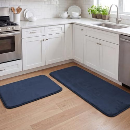 H.VERSAILTEX Kitchen Mat 2 PCS Non Slip Memory Foam Flannel Velvety Kitchen Runner Rugs Set - Water Absorbent Soft (47" x 17" + 24" x 17", Navy)