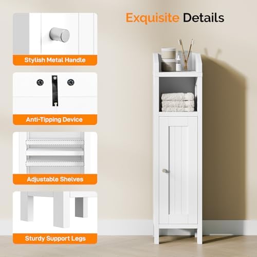 VINGLI Small Storage Corner Floor Cabinet, 7.9" Narrow Toilet Paper Storage Holder with Fluted Door, Skinny Freestanding Organizer for Small Spaces, Slim Bathroom Storage Cabinet, White