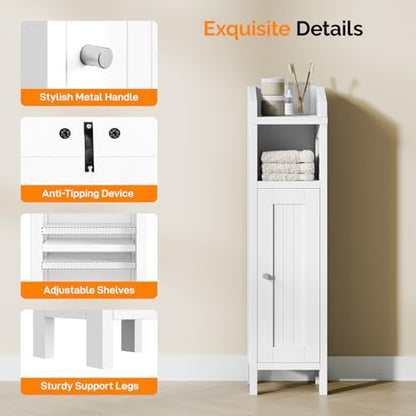 VINGLI Small Storage Corner Floor Cabinet, 7.9" Narrow Toilet Paper Storage Holder with Fluted Door, Skinny Freestanding Organizer for Small Spaces, Slim Bathroom Storage Cabinet, White