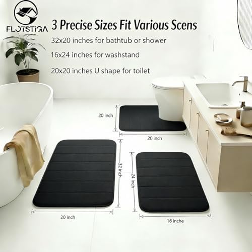 Memory Foam Bath Mat Set 3 Piece，Super Soft Absorbent Bathroom Rug Non Slip, Quick Dry,Machine Wash, Perfect Plush Bathroom Rugs,Home Decor Accessories,Black