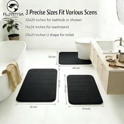 Memory Foam Bath Mat Set 3 Piece，Super Soft Absorbent Bathroom Rug Non Slip, Quick Dry,Machine Wash, Perfect Plush Bathroom Rugs,Home Decor Accessories,Black