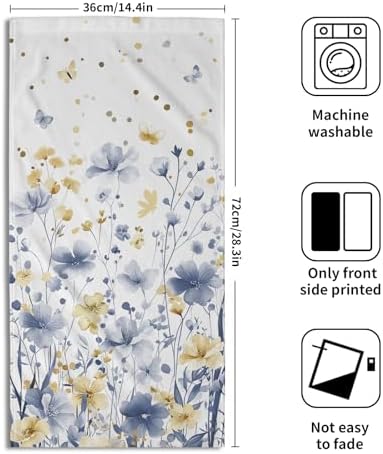 Blue Floral Hand Towels 14x28 Inch Grey Yellow Watercolor Flower Absorbent Microfiber Soft Dish Washing Cloth Face Tea Towel for Home Hotel Gym Laundry Room Kitchen Bathroom Decor