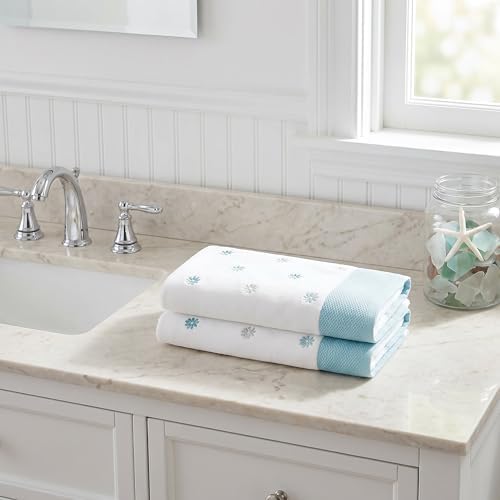 Ritz 2-Piece Cotton Velour Hand Towel Set, Embroidered Allover Daisies, White & Aqua Blue Floral Decorative Bathroom Towels for Cottage, Spa, or Summer Home Decor, 16 in x 26 in