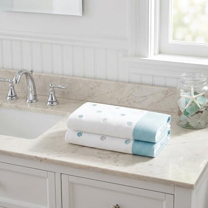Ritz 2-Piece Cotton Velour Hand Towel Set, Embroidered Allover Daisies, White & Aqua Blue Floral Decorative Bathroom Towels for Cottage, Spa, or Summer Home Decor, 16 in x 26 in